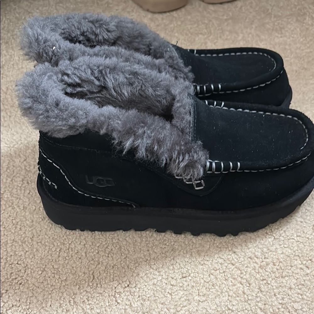 UGG Black Suede Fur-Lined Moccasins